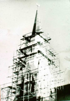 Repairs to the Wesley spire after the Meckering earthquake 1968